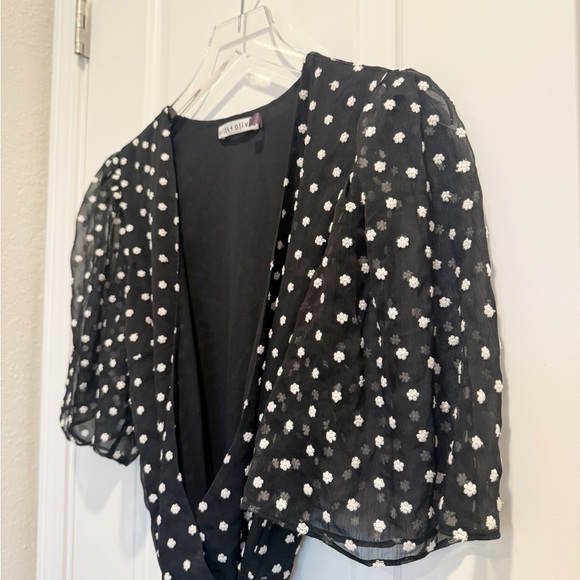 ALICE + OLIVIA Sandra Embroidered Floral Wrap Dress in Black White - Picture 7 of 11